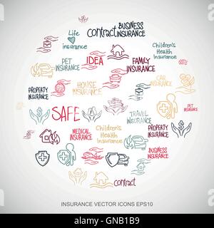Multicolor doodles Hand Drawn Insurance Icons set on White. EPS10 vector illustration. Stock Vector