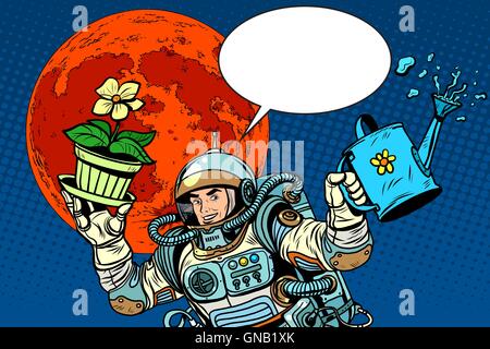 colonization Mars astronaut plants irrigation Stock Vector