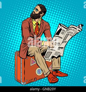 Bearded hipster traveler reading a newspaper Stock Vector