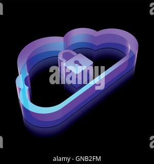 Cloud networking icon: 3d neon glowing Cloud With Padlock made of glass, vector illustration. Stock Vector