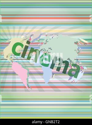 cinema word on digital screen with world map vector illustration Stock Vector
