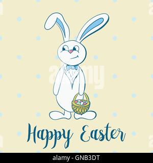 Happy easter poster, rabbit boy keeps egg bascet. Stock Vector