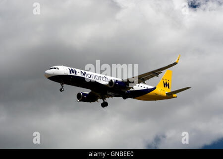 Monarch Airlines Airbus A321 approaching Birmingham Airport, UK (G-ZBAM) Stock Photo