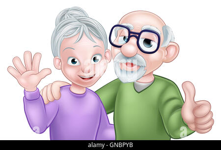 Cartoon senior elderly grandparents couple with wife or woman waving and husband or man giving a thumbs up Stock Photo
