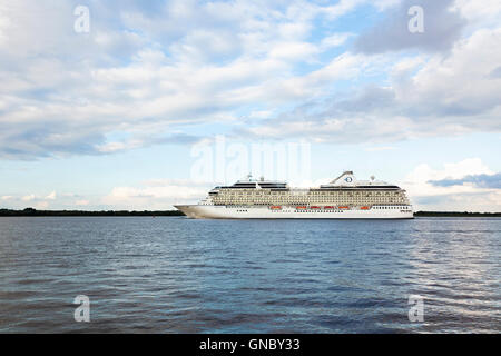Cruise ship MARINA, operated by Oceania Cruises, on the Elbe river near Hamburg Stock Photo