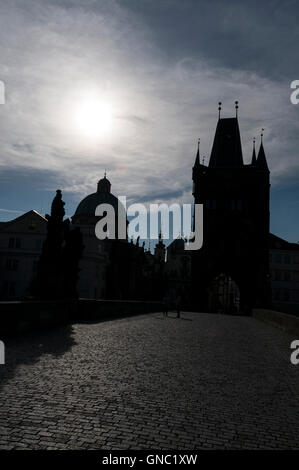 Silhouette skyline during an early sunrise of some of the surrounding buildings including the Old Town Bridge tower on Char Stock Photo