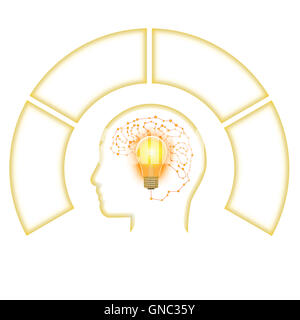 Template for Infographic, Head Lightbulb Brain from Line, four positions for text area. Stock Photo