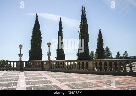 Terrace and Balustrade against Tall Trees, Hearst Castle, San Simeon, California, USA Stock Photo