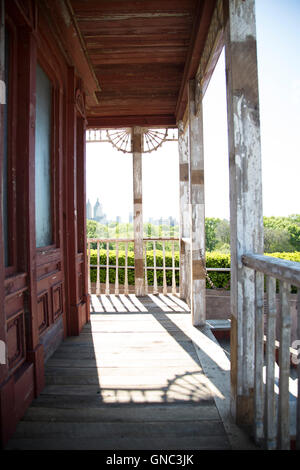 View through Art Exhibit, Transitional Object, PsychoBarn, Metropolitan Museum of Art Rooftop, New York City, New York, USA Stock Photo