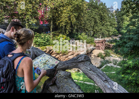 Visitors with map looking over the lion enclosure at the Antwerp Zoo, Belgium Stock Photo