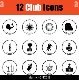 Set of twelve Night club icons.  Thin circle design. Vector illustration. Stock Vector
