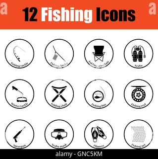 Fishing icon set.  Thin circle design. Vector illustration. Stock Vector