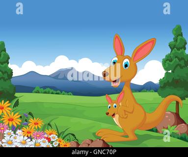 Cartoon kangaroo carrying a cute Joey with landscape background Stock Vector