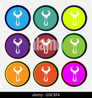 wrench icon sign. Nine multi colored round buttons. Vector Stock Vector