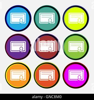 Certificate icon sign. Nine multi colored round buttons. Vector Stock Vector