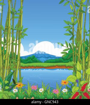 Beauty landscape with lake and mountain background Stock Vector Image ...
