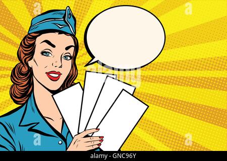Girl retro stewardess with white forms brochure ticket Stock Vector
