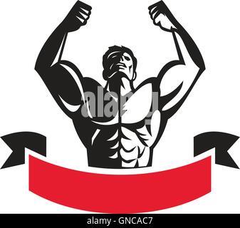 Body Builder Flexing Muscles Banner Retro Stock Vector