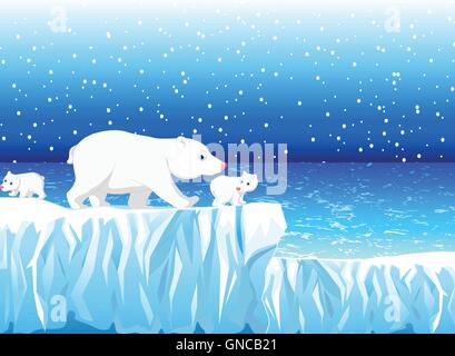 funny polar bear family snow landscape background Stock Vector