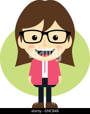 Cartoon girl nerd. Funny female character in glasses. Child showing