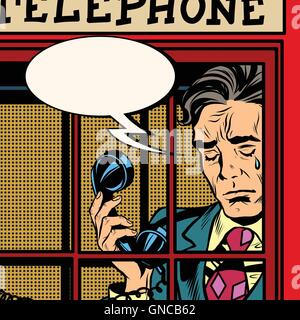 Retro man crying in the red phone booth Stock Vector