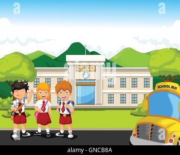students waiting school bus with School Building landscape background Stock Vector