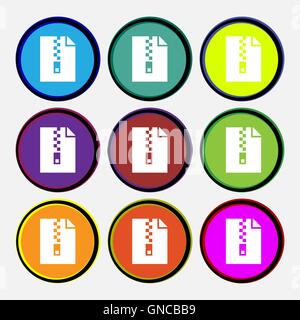 computer zip folder, archive icon sign. Nine multi colored round buttons. Vector Stock Vector
