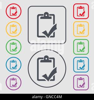 Document grammar control, Test, work complete icon sign. symbol on the Round and square buttons with frame. Vector Stock Vector