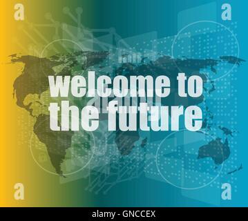 Time concept: words Welcome to the future on digital screen, 3d vector quotation marks with thin line speech bubble. concept of Stock Vector