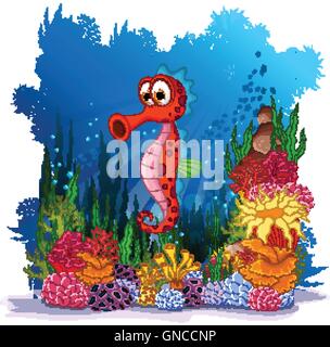 funny seahorse with sea life background Stock Vector