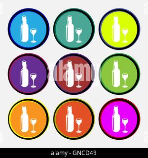 Bottle of wine and glass icon sign. Nine multi colored round buttons. Vector Stock Vector