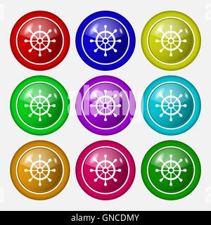 ship helm icon sign. symbol on nine round colourful buttons. Vector Stock Vector