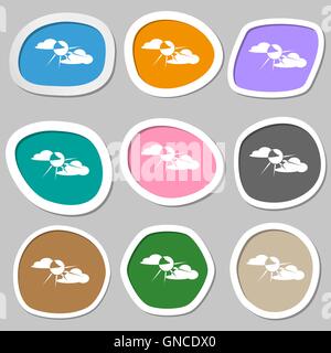 sun behind cloud symbols. Multicolored paper stickers. Vector Stock Vector