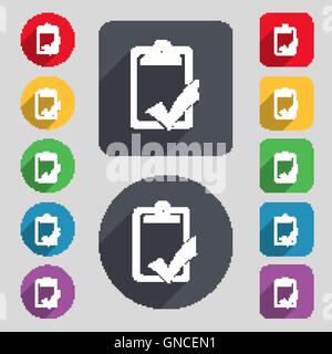 Document grammar control, Test, work complete icon sign. A set of 12 colored buttons and a long shadow. Flat design. Vector Stock Vector