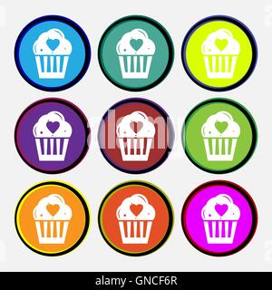 Cute Lovely Cupcake with Heart icon sign. Nine multi colored round buttons. Vector Stock Vector