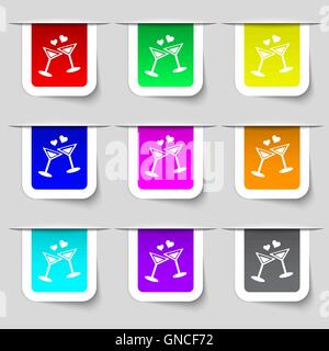 Cocktail in glass with hearts icon sign. Set of multicolored modern labels for your design. Vector Stock Vector