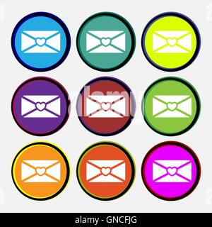 love letter icon sign. Nine multi colored round buttons. Vector Stock Vector