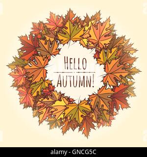 Autumn round frame with hand drawn leaves and wording Hello Autumn. Stock Vector