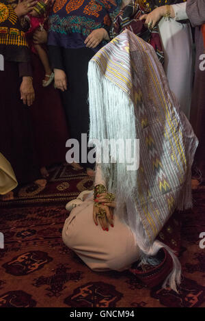 Bandar Torkaman, Turkmen Wedding, Bride Covered With Traditional Veil Stock Photo