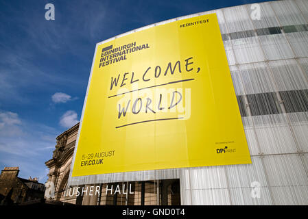 'Welcome World' sign on the Usher Hall during the Edinburgh International Festival. Stock Photo