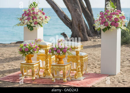 Setup for hand pouring in thai wedding ceremony at the beach front. Stock Photo