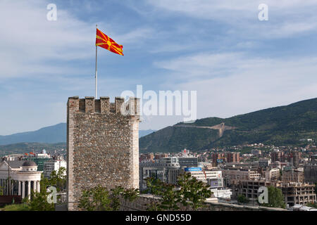 Tower of Skopje fortress with city view in background, Macedonia Stock Photo