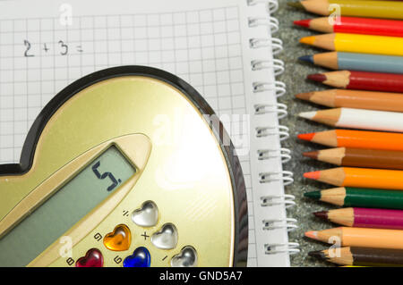 Calculator and simple addition equation on paper Stock Photo
