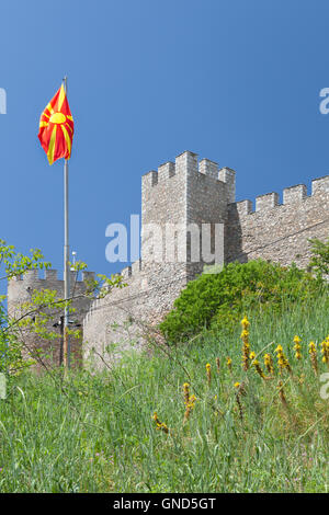 Ohrid fortress and macedonian flag, Macedonia Stock Photo