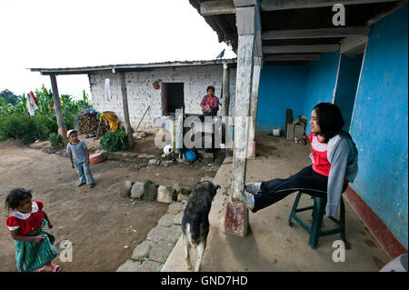 Maya indigenous family at home in Caserio Panuca, Solola, Guatemala. Stock Photo