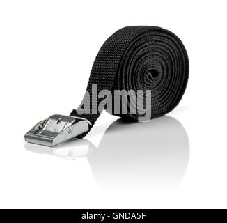 Black nylon cam lock tie down strap isolated on white with natural reflecrtion. Stock Photo