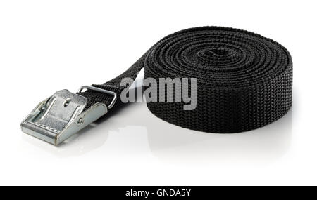 Black nylon cam lock tie down strap isolated on white with natural reflecrtion. Stock Photo