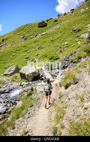 People trekking beside the Ferrand River in the Valley Ferrand and crossing a small wooden bridge, Alps, Isere, Oisans, France Stock Photo