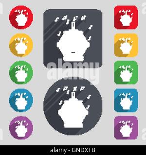 old analog radio icon sign. A set of 12 colored buttons and a long shadow. Flat design. Vector Stock Vector