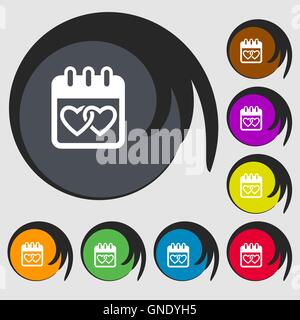 Calendar, heart, Valentines day, February 14, Love sign icon. Symbols on eight colored buttons. Vector Stock Vector